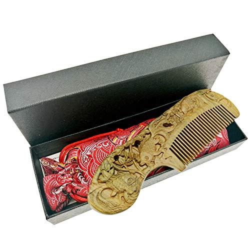 Chinese Wood Comb Handmade Fish Carved Craft Natural Green Sandalwood Exotic Hair Combs Gift for Mother's Day-No Static and No Snag with Box & Bag