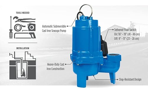 Little Giant Lg-Sew50T 115 Volt, 1/2 Hp, 7200 Gph Cast Iron Sewage Pump With Tethered Switch And 10-Ft. Cord, Blue, 14942661 #TOP5