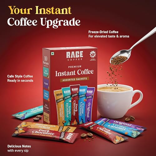 Image of Rage Coffee Instant Freeze Dried Coffee Sachets (Pack of 10) - 5 Flavours (Irish Hazelnut, Cream Caramel, Dark Chocolate, Original, Butterscotch Delight) - 2g Single-Serve Arabica Coffee Sachets | Quick Hot & Cold Brew