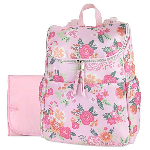 Image of Multi-Function Floral Diaper Backpack and Travel Nappy Baby Bag with Changing Pad and Stroller Straps (Pink Floral)