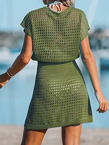 Image of CUPSHE Women Crochet Swim Cover Up Short Sleeve V Neck Bathing Suit Beach Dress Summer Swimwear Coverups