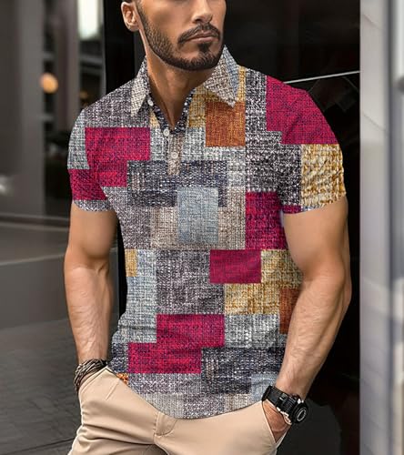 Casual Polo Shirts for Mens: Short Sleeve Color Block Patchwork Graphic Print Golf Clothes