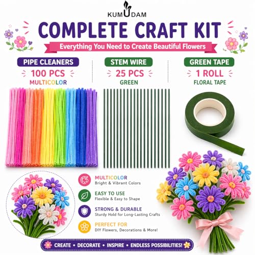 Image of Pipe Cleaners for Craft Flower Making Set, Fuzzy Chenille Stems and Fluffy Sticks with Floral Tape and Wire, for Kids Arts and Crafts (pipe cleaners-100 /stem wire-25 /green tape-1)