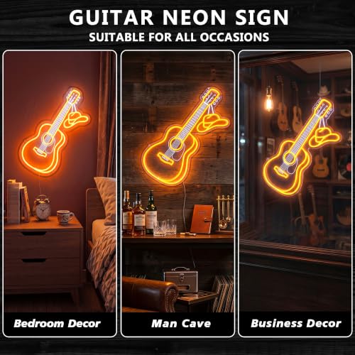 Image of Cowboy Acoustic Guitar Neon Light, Dimmable LED Guitar Neon Wall Sign with Cowboy Hat, USB Powered Western Country Music Decor for Bedroom, Man Cave, Music Studio, Gift for Guitar Players
