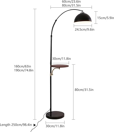 Miniatura 7 de Lámpara de pie industrial con mesa de madera, moderna lámpara de pie de arco negro para sala de estar, lámpara de poste de pie con base de mármol,