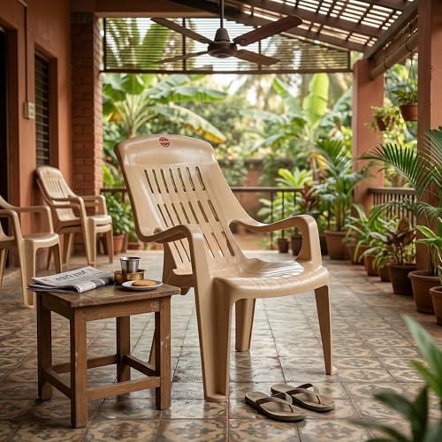 Image of Oaknest Unboxing Furniture Celloo Premium Plastic Relaxing Chair with Armrests | Ergonomic High-Back Lounge Seating for Home, Garden & Balcony (Marble Beige), Count of 1