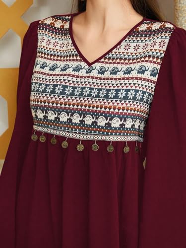 Tadkee Women's Geometric Pattern V-Neck Bell Sleeve One Piece Dress (Fn-V-Flared-One-Piece-126-Maroon-L)