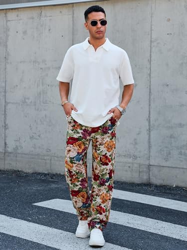 Men's Printed Floral Embroidery Drawstring Belt Straight Leg Pants Trendy Retro Fashion Streetwear Slant Pocket Trousers3