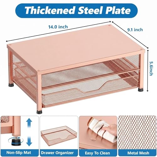 Image of OPNICE Computer Monitor Stand Riser, Desk Organizer with Drawer, Printer & Laptop Stand, Office Desk Accessories & Workspace Desktop Organizers Storage for Office Supplies(Rose Gold)