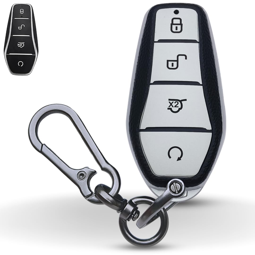 KEYCEPT TPU Leather Car Key Cover Compatible for BYD Atto-3 4 Button Smart Key with Keychain. (Type 1, Silver)-image-36