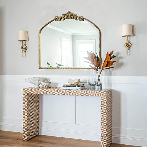 Image of Gold Arched Vintage Mirror 40 inchX31 inch, Antique Mantel Wall Mirror with Ornate Metal Frame, Victorian Dress Baroque Decor for Entryway /Fireplace /Living Room /Hallway /Bathroom /Bedroom