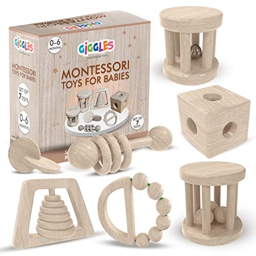 Image of Giggles Montessori Toys for Babies 0-6 Months, Wooden Baby Toy Rattle, Teether, Teethers, Teething for Babies, Natural Wood, Baby Toys, Infant Circle Rattle, Rattles, Baby Wooden Toys 6-12 (Natural)