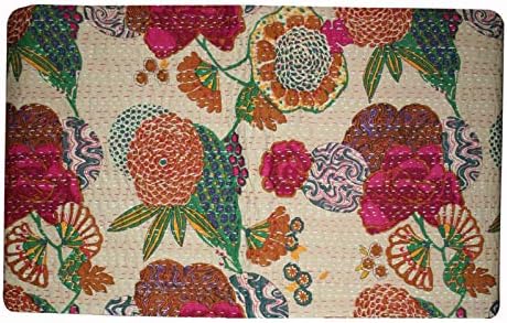Fruit Print Cotton Kantha Quilt Bedspreads Throw Blanket Floral Boho Bedspread Bohemian Bedding Indian Handmade Kantha Quilt Patch Work Bed Cover (Queen 90 X 108 Inch, Ivory)