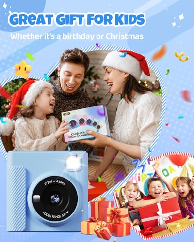 Image of TIATUA Kids Instant Print Camera, 1080P HD Video Digital Toy, Blue | Includes 32GB Card, 3 Rolls Paper & 5 Coloured Pens, Inkless Print, 16x Zoom, Christmas Birthday Toy Gift for Kids 3-14