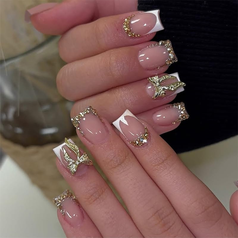24Pcs Rhinestones French Tips Press on Nails Short Square Fake Na...