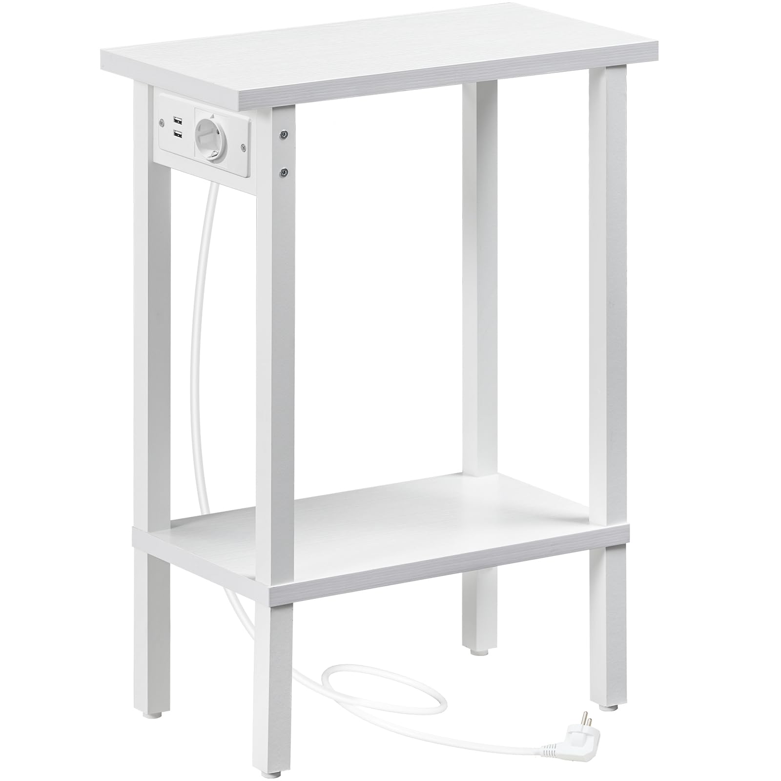 HOOBRO Tavolino Stretto a 2 Ripiani, Tavolino da Divano con Stazione di Ricarica, Comodino con Ripiano Portaoggetti, per Piccoli Spazi, Soggiorno, Camera, Studio, Bianco EWT240CBZ01