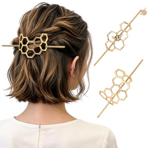 Honeycomb Hair Clips Slide Hairpins Minimalist Bee Hair Barrette Bun Hair Pins Metal Hair Slide with Stick Creative Hair Accessories for Women Girls Gifts (Golden) image 3