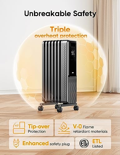Image of DREO Oil Filled Radiator Heater, 1500W Radiant Heater with Remote Control, Child Lock, 4 Modes, 24h Timer, Overheat & Tip-Over Protection, 24h Timer, Digital Thermostat, Space Heaters for Indoor Use