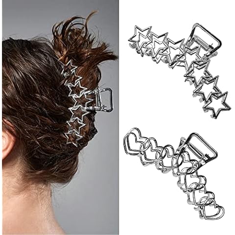 VOTACOS 2PCS Y2k Metal Hair Claw Clips Star Heart Hair Clips for Women Big Nonslip Design Claw Hair Clips for Thick and Thin Hair Stitching Silver Large Hair Accessories for Women and Girls. Cover