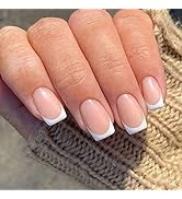 YOSOMK Press on Nails Square Short Stick on Nails Glossy French Tip Fake Nails Full Cover False N...