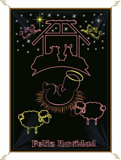 Porras E&B | Balconera de Navidad del portal de Belén en Neón | Ilustración navideña para decorar | Colgaduras religiosas