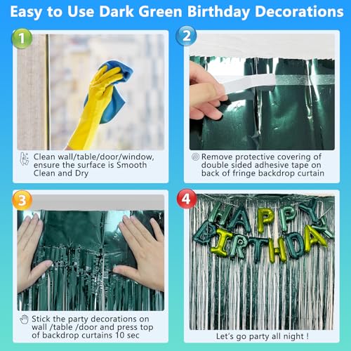 Image of Dark Green Party Birthday Decorations Door Streamers Fringe Tinsel Foil Curtain, 2 Pack 3.3x8.2ft Dark Green Backdrop for Birthday Jungle Party Dinosaur Animal St Patrick's Day Christmas Decorations