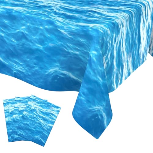 najdeiuyt 3 Pcs Ocean Tablecloth, Water Waves Table Cloth, Blue Ocean Plastic Tablecloth 54 x 108 Inch Blue Sea Disposable Tablecover Rectangle for Summer Sea Beach Pool Party Decorations