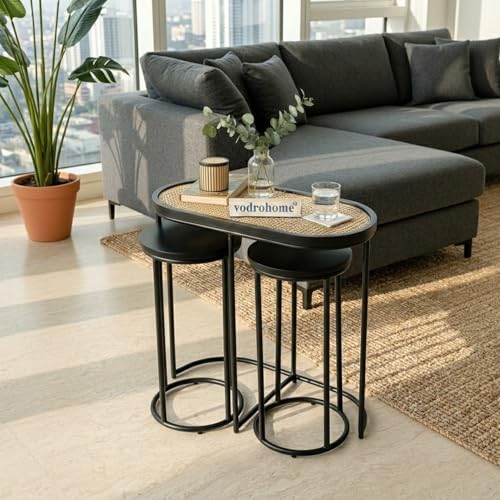 Image of Charcoal Rattan Cane Side Table with Glass top - Bohemian Solid Mango Wood Cane Iron Sofa Side end Table - Wood and Cane Nesting Table S#047 (Charcoal Black 2)