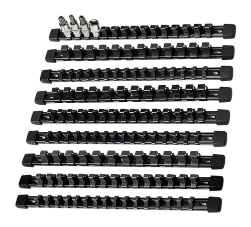 Image of AMM 9-Piece Socket Organizer, 1 /2 inch, 3 /8 inch and 1 /4 inch Drive ABS Tools-Black Socket Holder,Heavy Duty Socket Racks, Premium Quality Socket Clip Rail Holder,The best tool trays in the garage