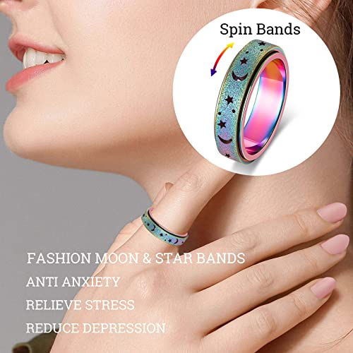 AmorArtSky Anxiety Ring for Women Men, Titanium Stainless Steel Spinner Ring, 5 Colors, 6MM, Size 6-10, 3 Styles Anxiety Ring-Moon Star, Sandblasted Finished, Hollow Outer2
