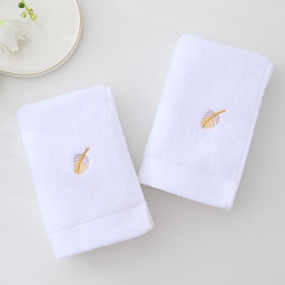 YiLUOMO Gold Feathers Embroidered Elegant White Hand Towels Super Soft 100% Cotton Highly Absorbent Decorative Hand Towel Set for Bathroom Hotel & Spa(13 x 29 Inch, 2 Pack) - Image 7