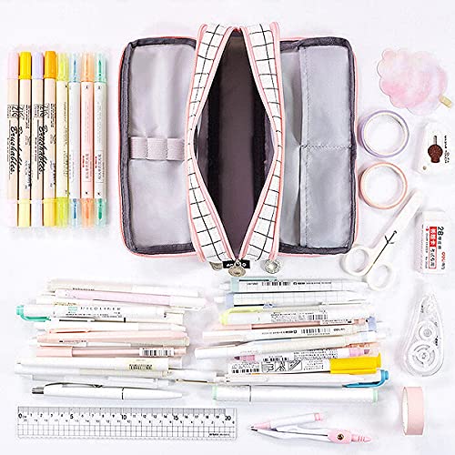 Image of MAMUNU Big Capacity Pencil Pen Case, 3 Compartments Large Storage Canvas Pencil Pouch with Zipper, Aesthetic Pencil Pouch For School Students Teen Girls Boys (Pink White)