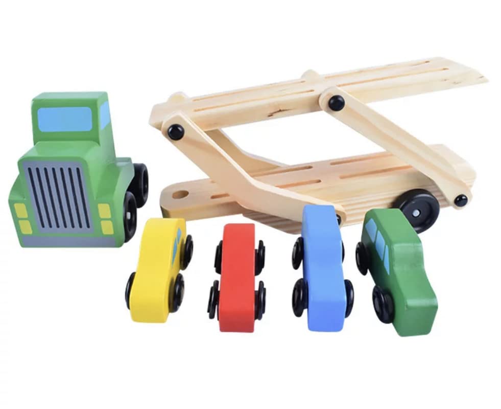 Image of Wooden Truck and Cars Toy Set | Large Double Deck Transport Vehicle with 1 Truck & 4 Colorful Cars | Ideal Educational Toy for Kids, Encourages Fine Motor Skills & Imaginative Play