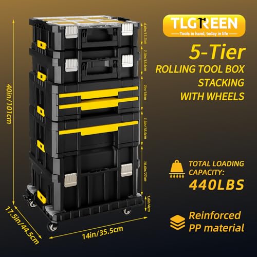 Image of TLGREEN Stackable Rolling Tool Box with Wheels - 5-in-1 Modular Tool Organizer System, Portable Tool Box with Drawers for Garage Storage, Home Repairs & Professional Workshop