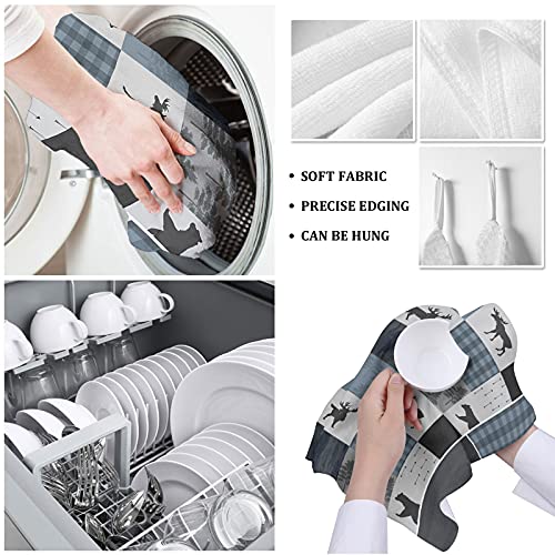 Bear Moose Kitchen Towels 2 Pack, Cabin Dish Towels For Kitchen, Retro Forest Rustic Animal Absorbent Microfiber Hand Towels For Bathroom, Blue Plaid Soft Tea Towels Bar Towels, 18 X 28 Inch #TOP4