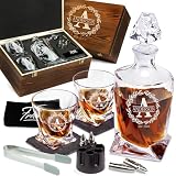 Frolk Personalized Whiskey Decanter and Stones Set - Customized Gift for Him - Men, Dad, Father - Twisted Whiskey Decanter, 2 XL Glasses, 6 XL Whiskey Chillers, 2 Coasters, Tongs, Pouch in Wooden Box