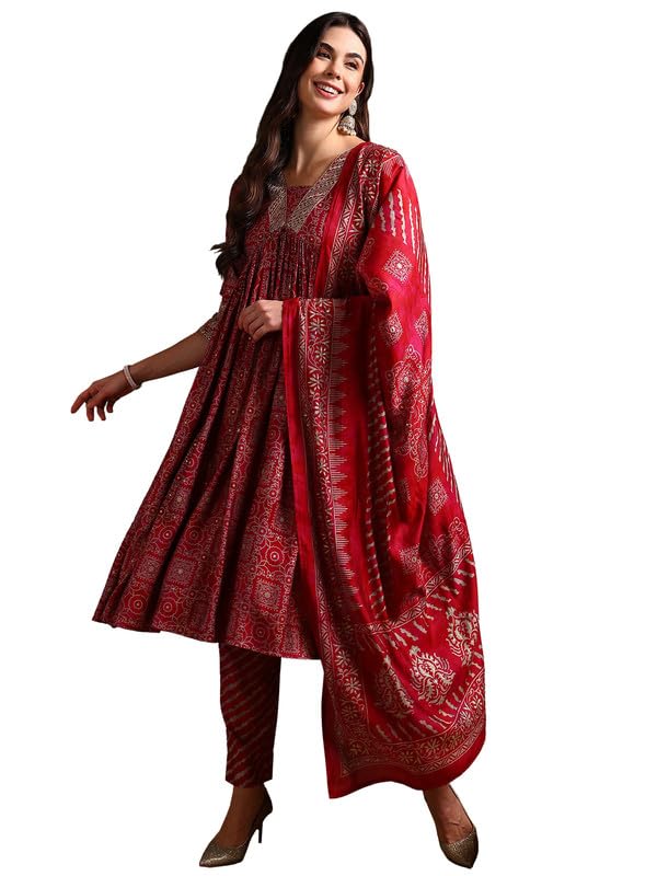 Image of Vaamsi Women's Silk Blend Ethnic Motifs Printed Anarkali Kurta Pant With Dupatta