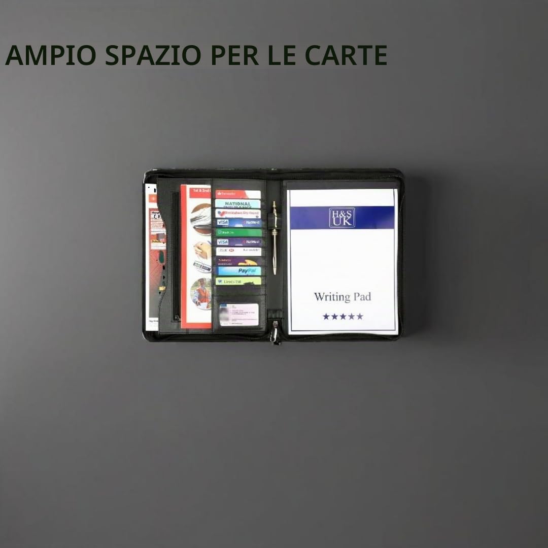 H&S Cartella Portadocumenti A4 con Cerniera - Cartellina Porta Documenti in Ecopelle con Custodia - Portablocco Appunti con 11 Scomparti per Carte e Biglietti da Visita