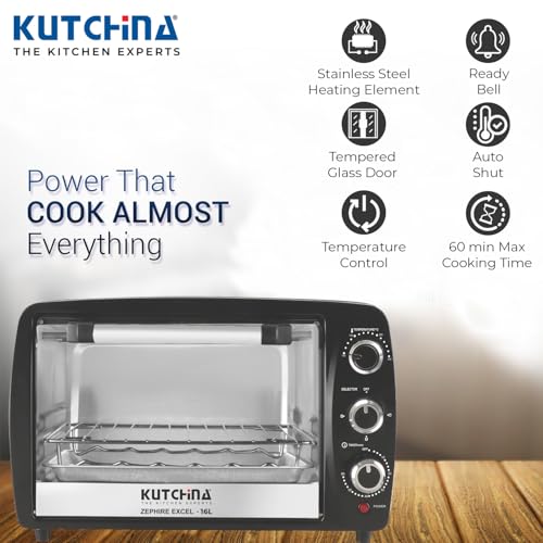 Image of KUTCHINA Zephire Excel 16 Liter Otg Oven For Kitchen, 1200W | Oven Toaster Griller With Auto-Shut Off, Timer Control | Otg 16 Litres For Baking, Grilling, Toasting | 1 Year Warranty, Black