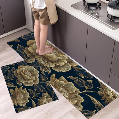 Alfombras de cocina azul oscuro florales lavables de 44×70 y 44×120 para dormitorio y pasillo 2