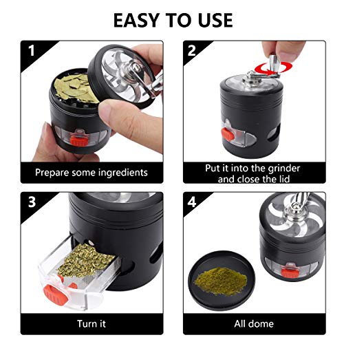 Herb Grinder, Yokilly 4-Piece Black Spice Grinder with Pollen Catcher, Zinc Alloy Manual Grinder with Handle, Clear Top Grinder with Drawer, 2.5 Inches Grinder Hand Cranked