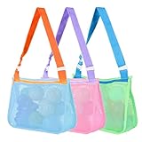 Beach Toy Mesh Shell Bags, 3pcs Sand Toy Seashell Bag for Holding Shells Pool Bag with Adjustable Shoulder Straps for Kids Boys and Girls