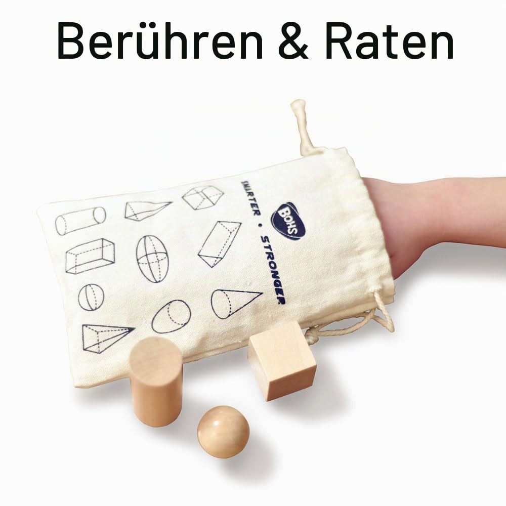 BOHS 3D-Formen-Ratespiel – Kofferpackung mit 10 Boxen – solide Figuren-Geometrie-Miniatur-Set in Mystery-Tasche – Montessori-Holzspielzeug – ab 3 Jahren