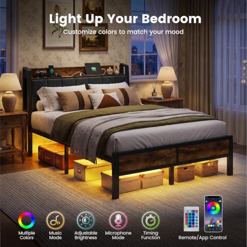 Image of Full Size Bed Frame with Smart LED Lights and Charging Station | Storage Headboard, Heavy Duty Metal Platform Bed, Noise Free, No Box Spring Needed, Easy Assembly