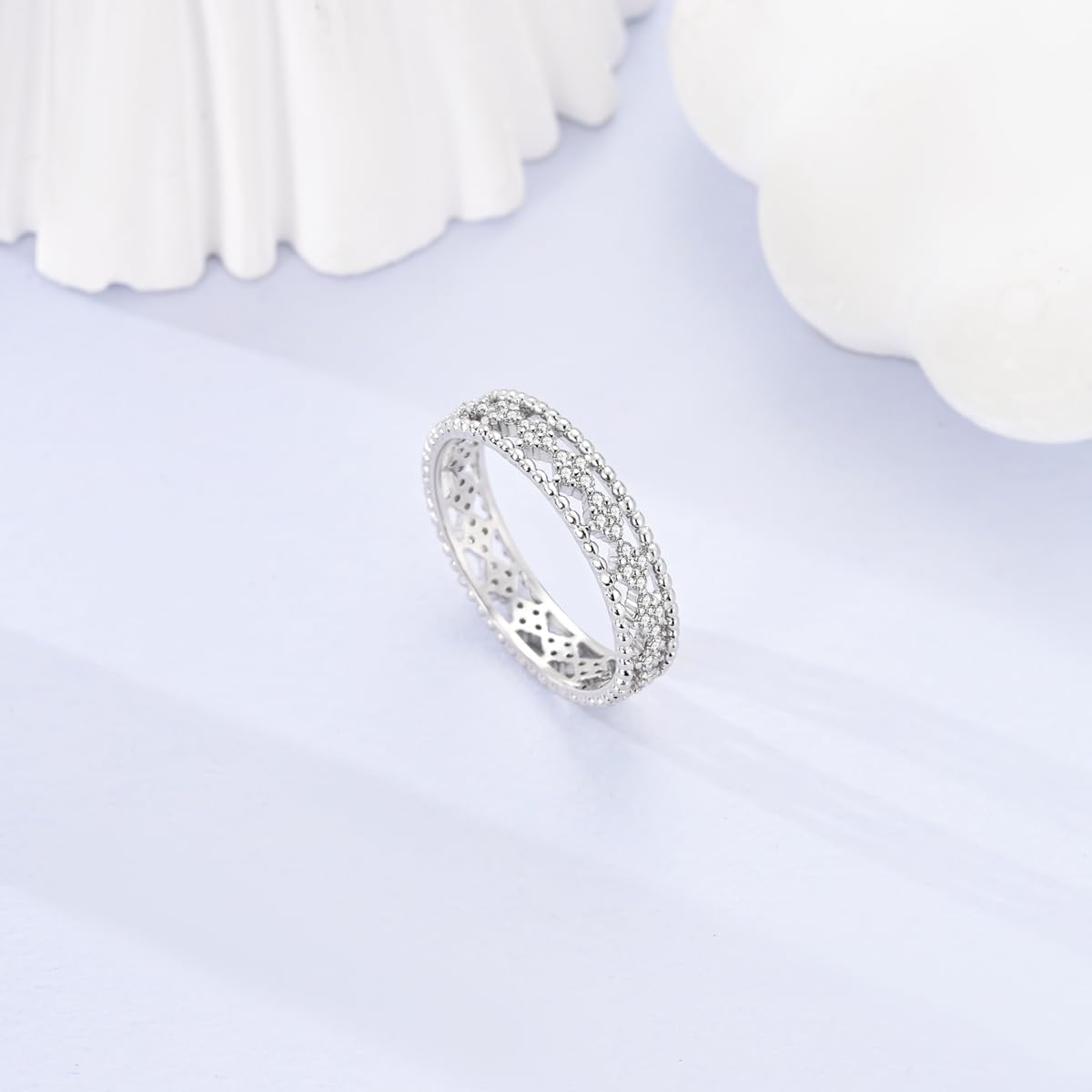 LAZA 925 Sterling Silver Ring for Women, Sterling Silver with Moon and Stars Stackable Proposal Engagement Double Wave Ring Size 6-9 - Image 4