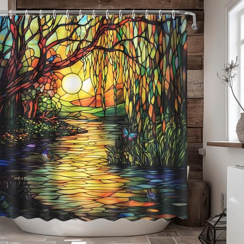 MEHOFOND Stained Glass Shower Curtain Colorful Weeping Willow Shower Curtain for Bathroom Floral Botanical Sunset Lake Landscape Bathtub Decor Fabric Waterproof Bath Curtain with 12 Hooks 72x72 Inch