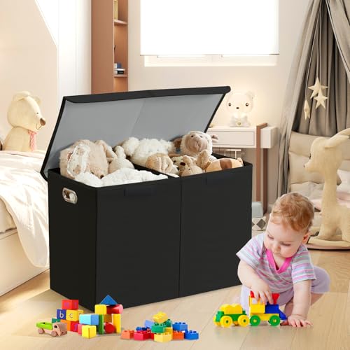 Image of Large Toy Storage Box with Lid, Collapsible Toys Storage Organizer Bins with Dividers and Handles, Storage Chest Bin for Kids, Boys, Girls, Nursery 25 inchx13 inch x16 inch (Black)