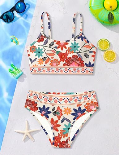 Image of Girls Bathing Suit Color-Block Adjustable Straps Bikini Sets Girls Two Piece Swimsuits with Chest Pad Swimwear 7-18T