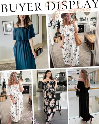 Image of AUSELILY Womens Off Shoulder Ruffle Split Summer Maxi Dresses with Pockets | Off-shoulder Ruffle dress with empire waist & side split for summer beach and casual parties