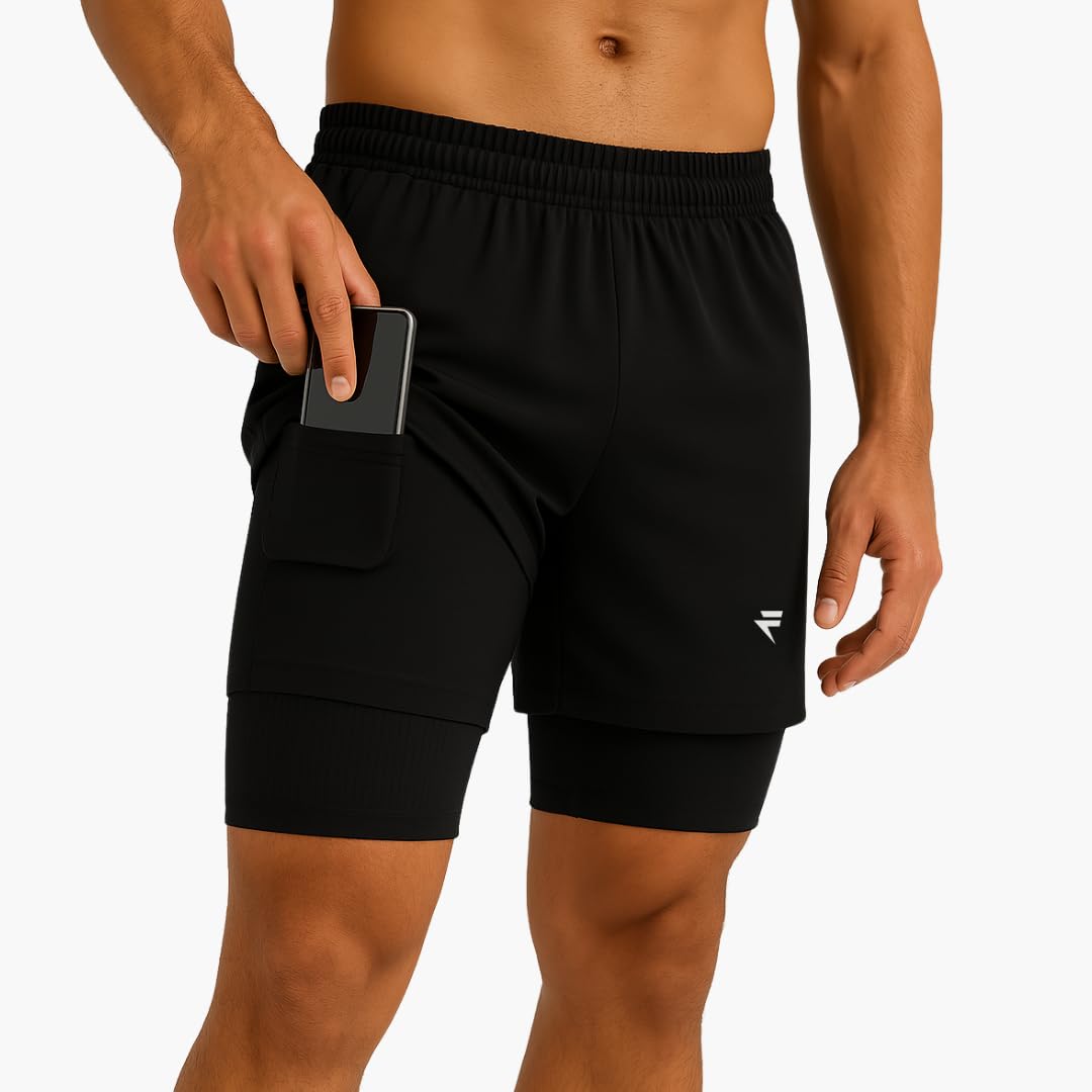 Flytex - Spodenki sportowe 2 w 1 ze zintegrowaną kompresją - komfort, chłód i styl - wbudowana bielizna - 6 ukrytych kieszeni - Unisex
